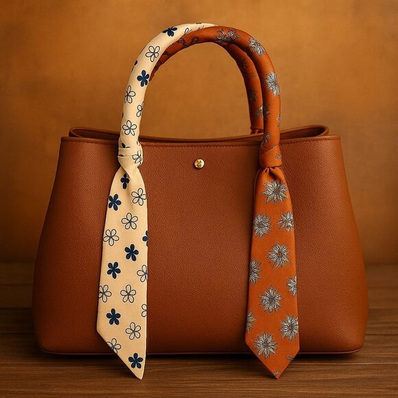 Slim Scarf 34in Rust and Cream Floral Duo Print 2 Sided Neck Hair Bag Wrap No39 - Picture 9 of 9